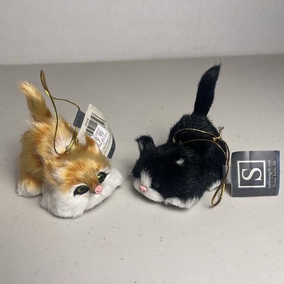Cat Kitten Faux Fur Christmas Ornament Miniature Mini Glass Eyes Orange Black - Picture 2 of 15